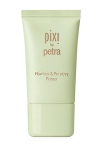 Tube en plastique vert avec un bouchon rainuré, étiquet�é "pixi by petra Flawless & Poreless Primer" en police beige, texture lisse, sans motifs.