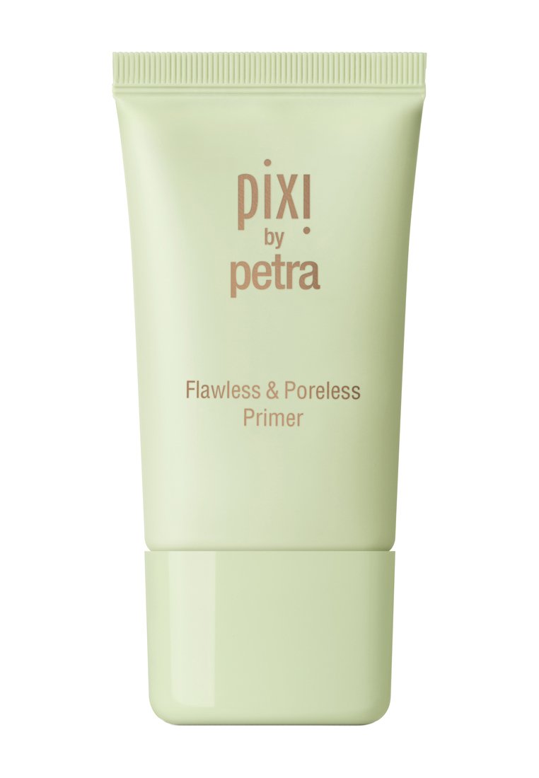 Tube en plastique vert avec un bouchon rainuré, étiqueté "pixi by petra Flawless & Poreless Primer" en police beige, texture lisse, sans motifs.