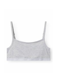 Bralette en coton gris doux avec des fines bretelles, une texture lisse et une bande contrastante gris clair en bas, sans fermeture visible.