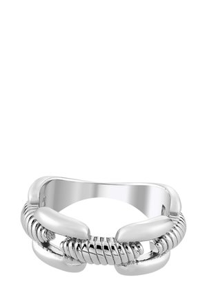 Bague à maillons en argent avec une finition lisse et polie, composée de sections entrelacées et agrémentée d'un accent spirale texturé.