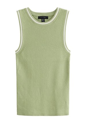 Haut sans manches en maille côtelée vert clair avec bordure blanche autour du col et des emmanchures, encolure ronde et silhouette ajustée.