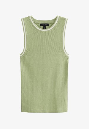 Haut sans manches en maille côtelée vert clair avec bordure blanche autour du col et des emmanchures, encolure ronde et silhouette ajustée.