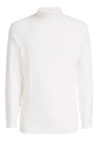 Pull en maille torsadée blanc avec col roulé, doté de bords côtelés et d'un tissu de poids moyen, présentant des motifs texturés.