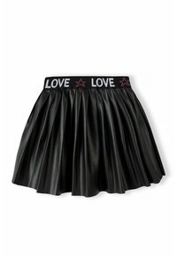 Gonna nera plissettata in ecopelle, con una vita testurizzata che presenta "LOVE" in strass bianchi e rosa a forma di stella.