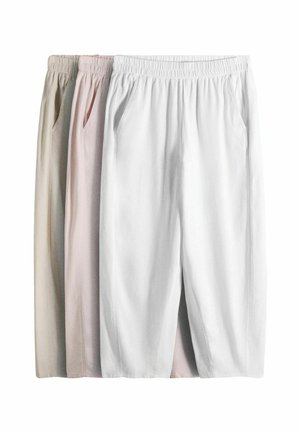 Three pairs of relaxed-fit pants with elastic waistbands and side pockets, in white, light pink, and beige colors, arranged overlapping.