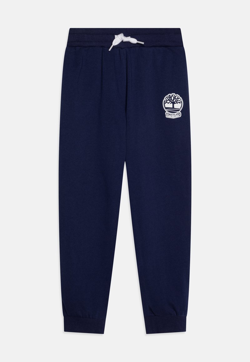 Navyblauwe sweatpants van katoen, met een elastische tailleband en een trekkoord, en ribgebreide boorden. Voorzien van een wit Timberland-logo.