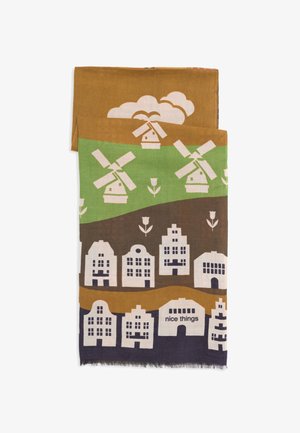 Gewebter Schal mit einem bunten Landschaftsdesign, das Windmühlen, Häuser und Blumen zeigt; die Farben umfassen Braun, Grün, Creme und blaue Akzente.