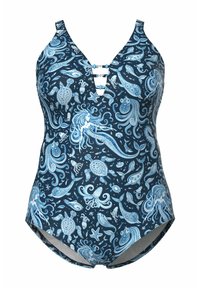 Maillot de bain une pièce bleu marine avec un motif de créatures marines bleu clair, sirènes, tortues et poissons, et un détail découpé avant à trois barres.
