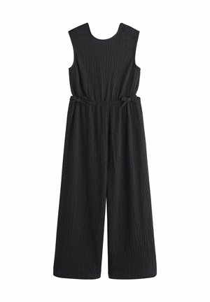 Ärmelloser schwarzer Jumpsuit mit strukturierter Oberfläche, weitem Beinverlauf und verstellbaren seitlichen Bindebändern an der Taille.