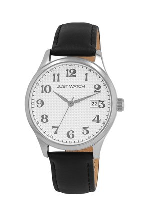 Round silver watch with a white textured dial, black leather strap, large black numerals, and a date display at 3 o'clock.