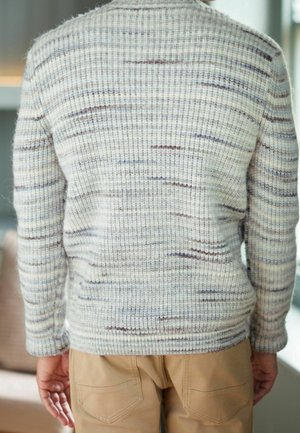 Sweter z teksturowanego dziewiarskiego materiału w jasnoszarym kolorze, z delikatnymi niebieskimi i brązowymi paskami; ribbowe mankiety i dół; zestawiony z khaki spodniami.
