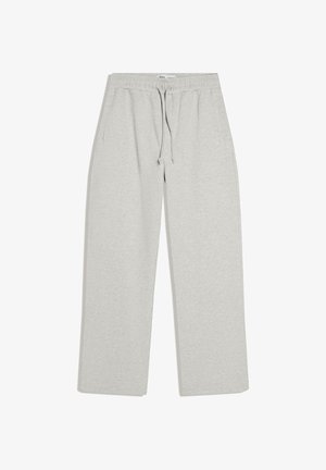 Light gray sweatpants with elastic waistband and drawstring, straight legs, and side pockets, shown flat on white background.