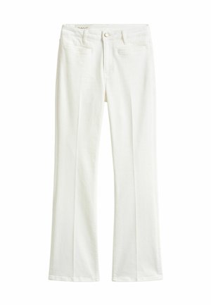 Witte rechte broek met hoge taille, voorzakken, riemlussen, knoopsluiting en subtiele vouwen langs de pijpen.