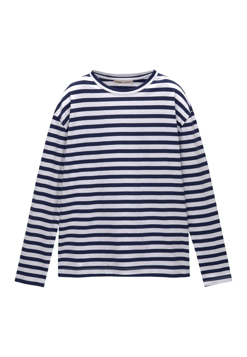 Camicia a maniche lunghe con righe orizzontali blu navale e bianche, colletto rotondo e vestibilità rilassata.