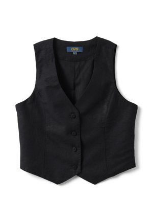 Chaleco negro sin mangas, entallado, con escote en V, cuatro botones en la parte delantera y cintura ajustada.