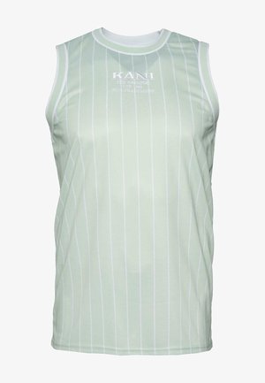 Majica bez rukava zelene boje s bijelim vertikalnim prugama, izrađena od glatkog materijala. Ima izvezeni logo na prsima u bijeloj boji.