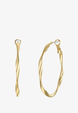 Guld snoede hoop øreringe med en glat overflade og en sikker låseanordning, der viser et karakteristisk spiraldesign.