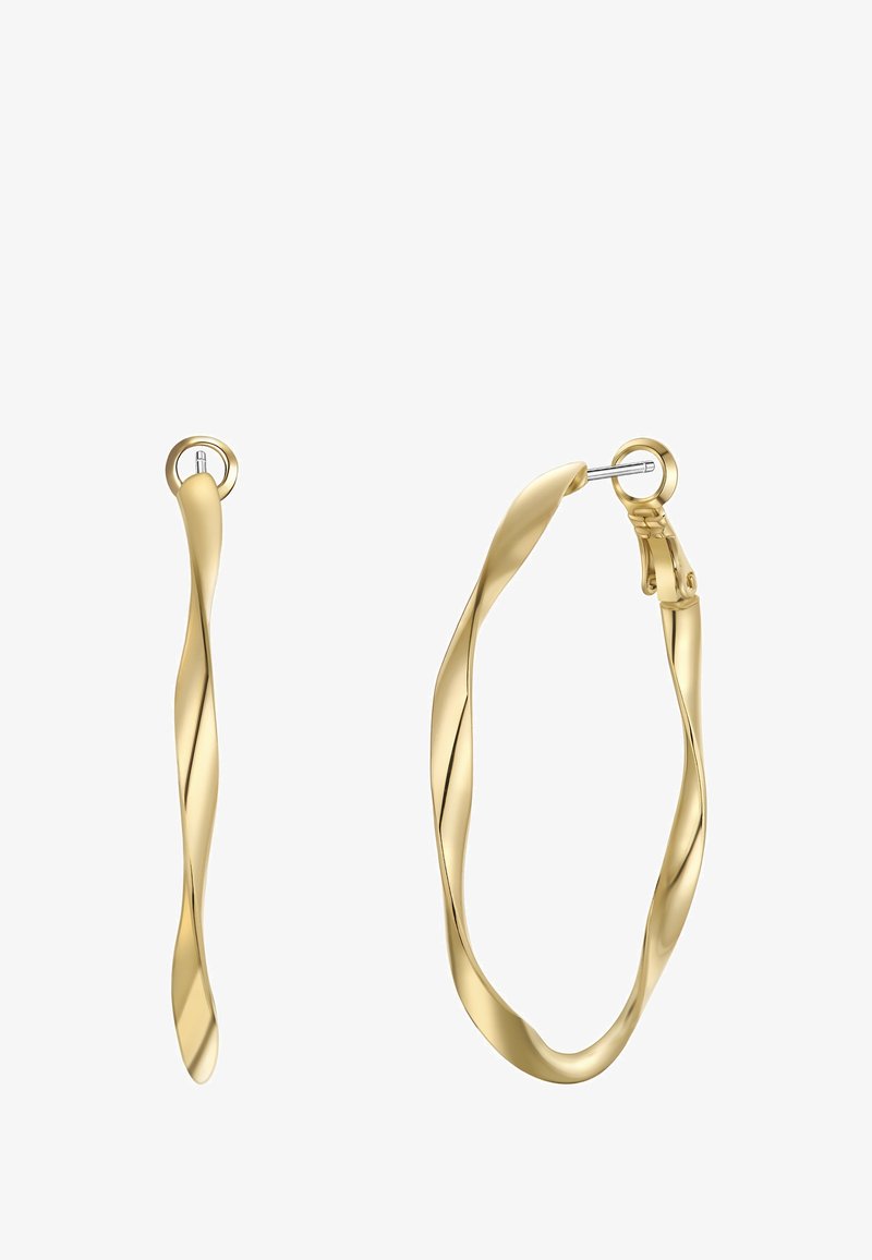 Zelta pagrieztas auskaru gredzeni ar gludu tekstūru un drošu sprādzi, kas izceļ unikālu spirāles dizainu.