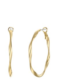 Arany csavart karika fülbevalók sima textúrával és biztos záró mechanizmussal, amelyek jellegzetes spirális formát mutatnak.