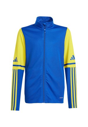 Blauwe zip-up jas met gele accenten, voorzien van lange mouwen, een drie-streeppenpatroon op de mouwen en een gladde, lichte stof.
