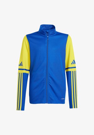 Giacca blu con zip e dettagli gialli, dotata di maniche lunghe, motivo a tre strisce sulle maniche e un tessuto leggero e liscio.