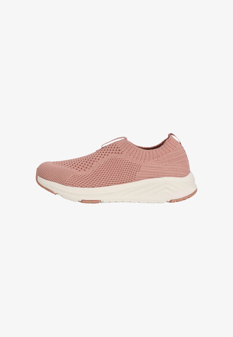 Ljust rosa slip-on skor med ett andningsbart stickat ovandel och ett strukturerat mönster, med en vit sula med ett räfflat mönster.