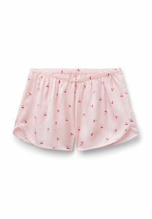 Light pink women's shorts with elastic waist and small red cherry patterns scattered across the fabric.