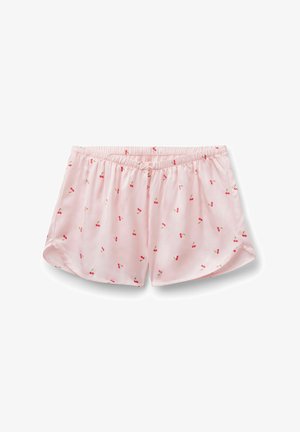 Light pink women's shorts with elastic waist and small red cherry patterns scattered across the fabric.