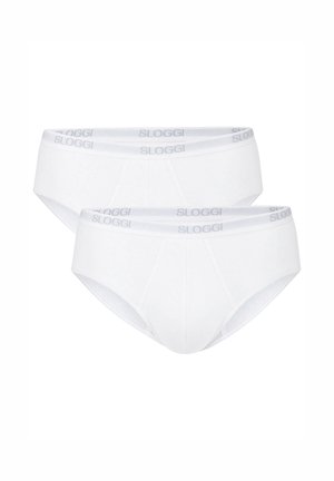 Zwei weiße Baumwollunterhosen mit elastischem Bund, der den Markennamen "Sloggi" in hellgrauen Buchstaben zeigt.