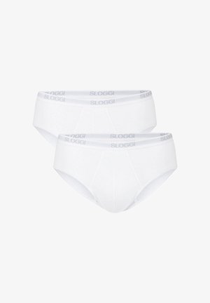 Zwei weiße Baumwollunterhosen mit elastischem Bund, der den Markennamen "Sloggi" in hellgrauen Buchstaben zeigt.