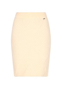 Gebreide kokerrok in lichtgeel met diagonale ribbelstructuur en een getailleerd silhouet. Voorzien van een brede elastische tailleband en minimale branding.