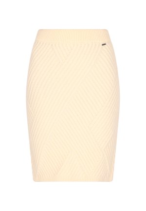 Fustă creion tricotată, de culoare galben deschis, cu textură diagonală în relief și siluetă ajustată. Dispune de un brâu elastic lat și branding minim.