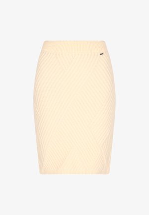 Fustă creion tricotată, de culoare galben deschis, cu textură diagonală în relief și siluetă ajustată. Dispune de un brâu elastic lat și branding minim.