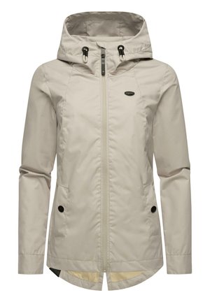 Veste imperméable beige clair avec fermeture éclair à l'avant, deux poches latérales, capuche ajustable avec cordons de serrage et ourlet arrondi.