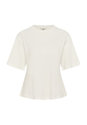 T-shirt bianco a maniche corte realizzato in cotone morbido. Presenta un colletto rotondo e un orlo leggermente svasato, con cuciture minime e senza parti metalliche visibili.