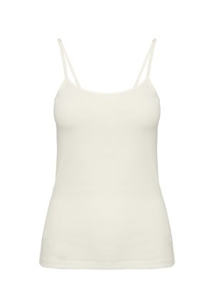 Weißes Spaghetti-Träger-Tanktop, enganliegendes Design, weicher Stoff, glatte Textur, minimale Nähte und ein runder Halsausschnitt für einen schlanken Look.