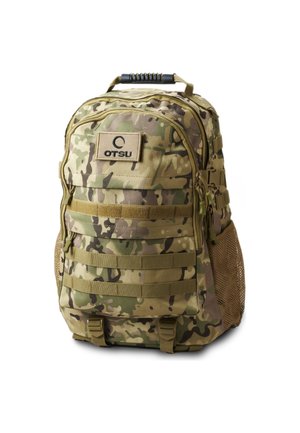 Camouflage-patterned backpack with multiple zippered compartments, side mesh pockets, MOLLE webbing straps, and a top handle.