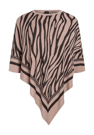 Bruine en beige poncho met een zebrapatroon. Heeft een driehoekige vorm, brede mouwen en een zachte textuur.