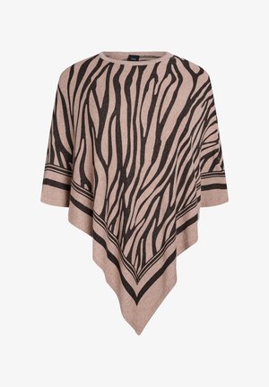 Poncho marrone e beige con un motivo a strisce di zebra. Presenta una forma triangolare, maniche ampie e una texture morbida.