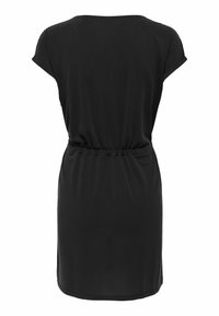 Robe noire jusqu'aux genoux avec manches courtes et ceinture élastique, vue de dos sur fond blanc.