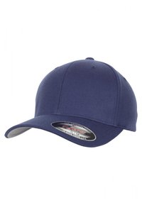 Marineblå baseballcaps laget av blandingsstoff, med rund krone og forhåndsbøyd skygge, med fleksibel størrelse.