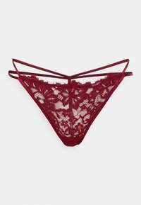 Burgunderfarbene Spitze-Strings mit floralem Muster, feinen Trägerdetails und einem weichen Stoffbund; halbtransparente Rückendesign.
