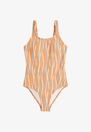 Einteiliger Badeanzug mit orangefarbenem, gelbem und blauem Wellendesign; verfügt über geraffte Träger für zusätzliche Textur; glatter, dehnbarer Stoff.