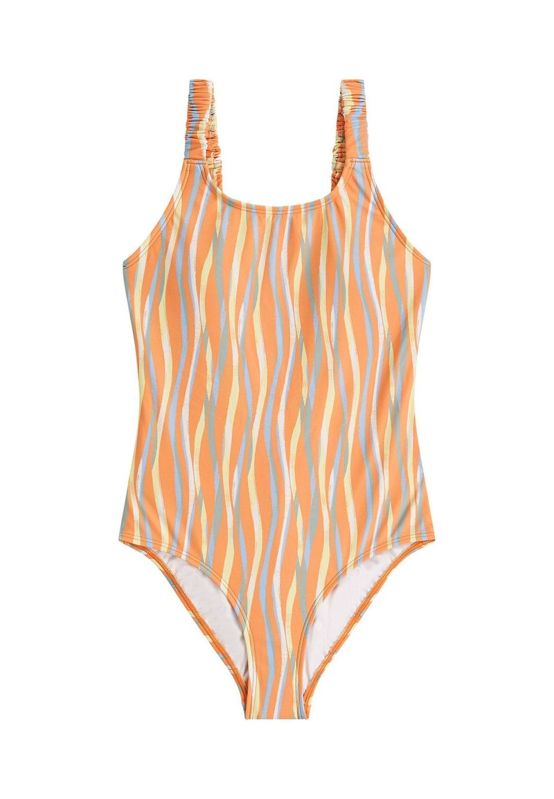 Ühes tükis ujumisriietus oranži, kollase ja sinise lainelise mustriga; varrukad on kokkusääritud, lisades tekstuuri; sile, veniv kangas.