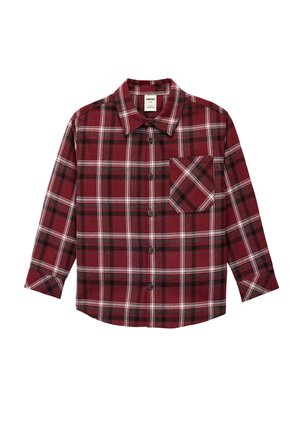 Punainen ja musta ruudullinen pitkähihais shirtti, joka on valmistettu pehmeästä kankaasta, napituksella ja vasemmalla puolella tasku.