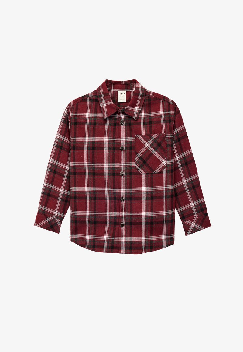 Rood en zwart geblokt overhemd met lange mouwen, gemaakt van zachte stof, met een knoopsluiting en een patch pocket aan de linkerkant.