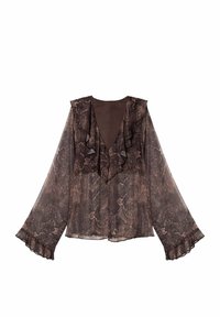 Blusa marrón de manga larga transparente con un patrón de paisley, escote en V con volantes y puños con volantes.