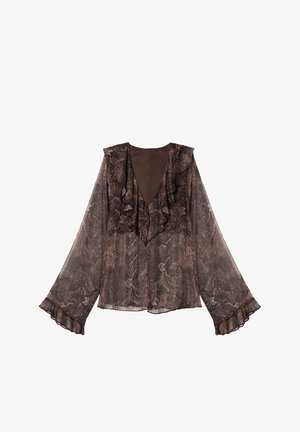 Blusa marrón de manga larga transparente con un patrón de paisley, escote en V con volantes y puños con volantes.