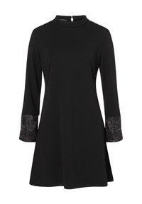 Schwarzes Kleid mit langen Ärmeln, ausgestattet mit einem hohen Kragen und Spitze an den Ärmelsäumen. Hergestellt aus glattem Material, knielanges Design.