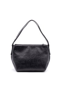Czarna skórzana torebka na ramię z teksturowaną powierzchnią, zdobioną różnorodnymi wytłoczonymi wzorami, z pojedynczym paskiem na ramię i zamkiem błyskawicznym na górze.